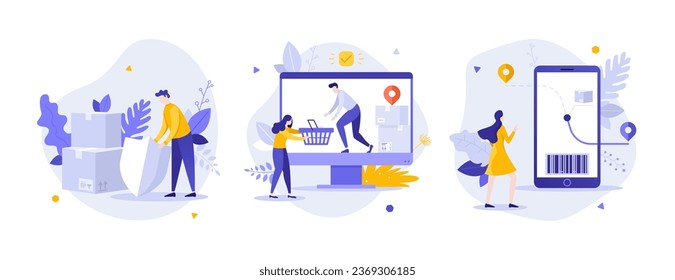 Benefits of E commerce flat concept vector illustrations set. Online shopping services safety for customer cartoon composition. Order products delivery on internet idea for website, presentation