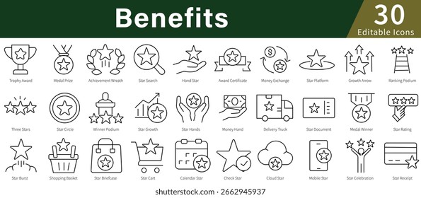 Benefits Editable Line Icons Set for Employee, Insurance, Healthcare, and Workplace Perks