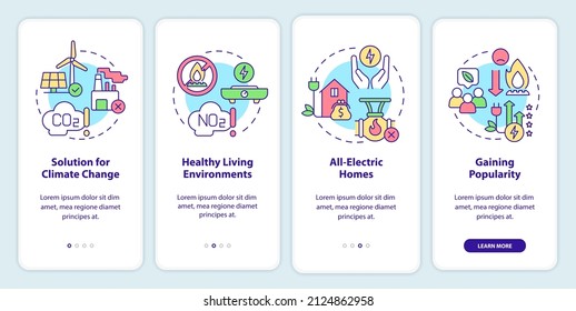 Benefits of electrification onboarding mobile app screen. Walkthrough 4 steps graphic instructions pages with linear concepts. UI, UX, GUI template. Myriad Pro-Bold, Regular fonts used