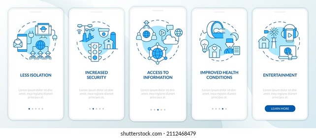 Benefits of energy services and RE blue onboarding mobile app screen. Walkthrough 5 steps graphic instructions pages with linear concepts. UI, UX, GUI template. Myriad Pro-Bold, Regular fonts used