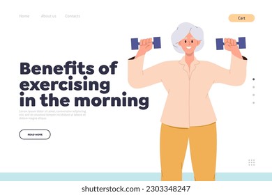 Benefits of exercising in morning sport for elderly people landing page with aged woman training