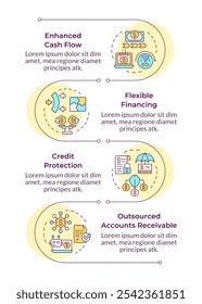 Vorteile der Factoring infographischen vertikalen Sequenz. Verbesserung der Liquidität. Anpassungsfähige Finanzierungslösungen. Visualisierungs-Infodiagramm mit 4 Schritten.Kreise Workflow