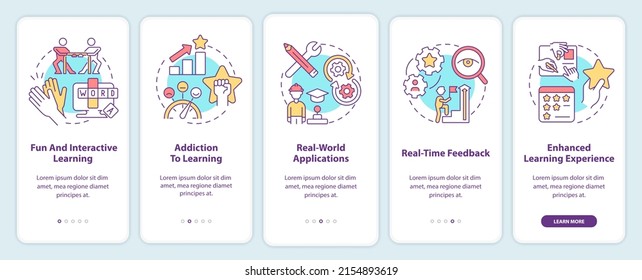 Benefits of gamification onboarding mobile app screen. Education trends walkthrough 5 steps graphic instructions pages with linear concepts. UI, UX, GUI template. Myriad Pro-Bold, Regular fonts used