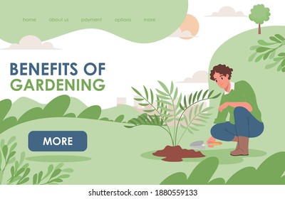 Benefits of gardening landing page template with text space. Happy smiling man in casual clothes working in the garden, planting tree or flower. Summer landscape, gardener hobby web template.