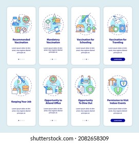 Benefits of getting vaccine onboarding mobile app page screen set. Opportunities walkthrough 4 steps graphic instructions with concepts. UI, UX, GUI vector template with linear color illustrations