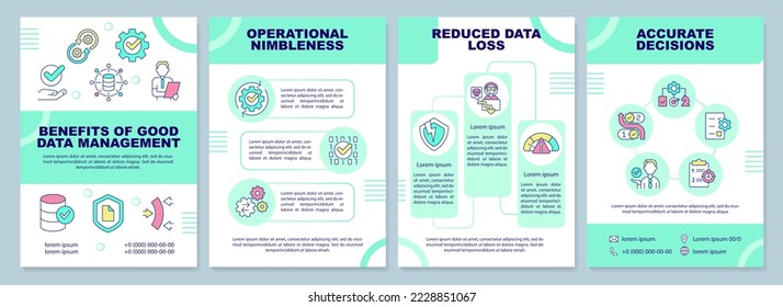 Benefits of good data management mint brochure template. Leaflet design with linear icons. Editable 4 vector layouts for presentation, annual reports. Arial-Black, Myriad Pro-Regular fonts used