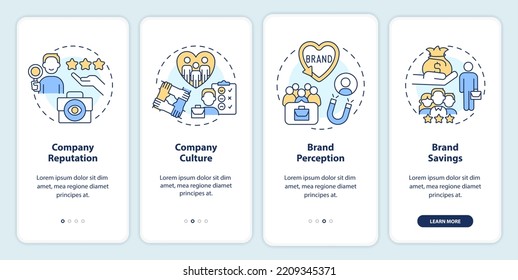 Benefits of HR branding onboarding mobile app screen. Employer brand walkthrough 4 steps editable graphic instructions with linear concepts. UI, UX, GUI template. Myriad Pro-Bold, Regular fonts used