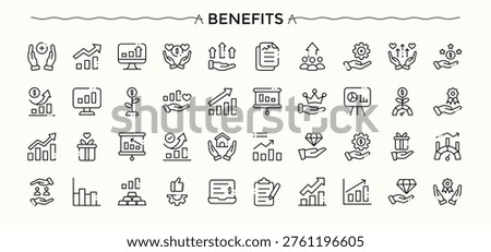 Benefits icon collection. Thin outline icons pack. Pictogram and infographic. Employee Benefit simple icon set. Pack of pay, employee benefit, gift, reward, benefit and more.