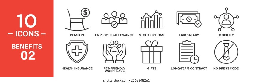 Benefits Icon Set: 10 Editable Vector Icons in Black Outline Style.
