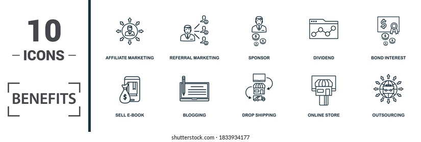 Conjunto de iconos de beneficios. Colección de elementos simples como la venta de libros electrónicos, blogueo, envío a domicilio, tienda en línea. Signos de temas de beneficios.