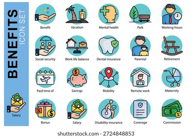 Conjunto de iconos de beneficios. estilo de icono de contorno de color. Contiene ahorro de iconos, comisiones, salud mental y más. Ilustración vectorial del elemento de beneficio