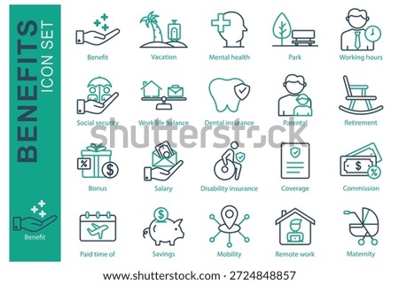 Benefits icon set. Line icon style. Containing icon savings, commission, mental health and more. Benefit element vector illustration
