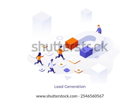 Benefits of Lead Generation isometric conceptual template. Attracting prospects to business and products process. Increase sales with advertisement illustration. Website design for apps development