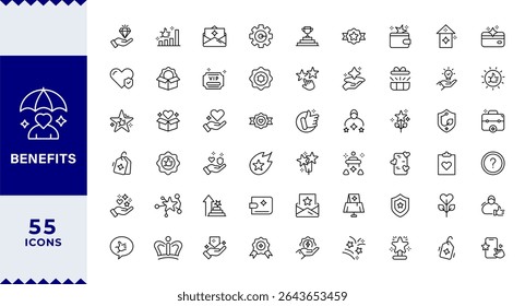 BENEFITS LINE ICON SET, Pay raise, maternity rest, health and life insurance, paid vacation, Employee benefits line icon set. Maternity leave, paid leave, insurance,bonuses, Editable stroke.