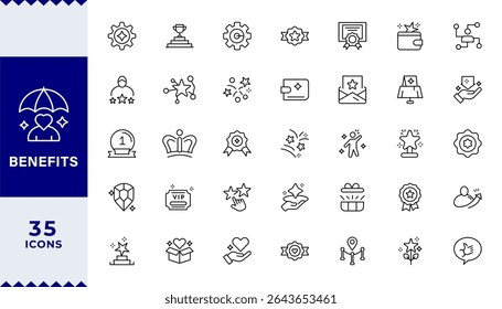 BENEFITS LINE ICON SET, Pay raise, maternity rest, health and life insurance, paid vacation, Employee benefits line icon set. Maternity leave, paid leave, insurance,bonuses, Editable stroke.