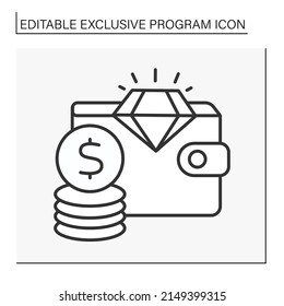  Benefits line icon. Wallet full of money. Reward. Cashback. Loyalty program.Exclusive program concept. Isolated vector illustration. Editable stroke