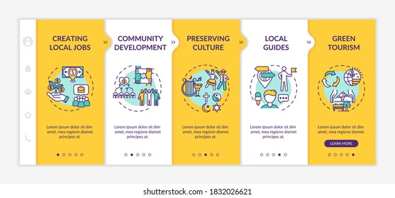 Benefits of local tourism onboarding vector template. Creating local jobs. Preserving culture. Responsive mobile website with icons. Webpage walkthrough step screens. RGB color concept