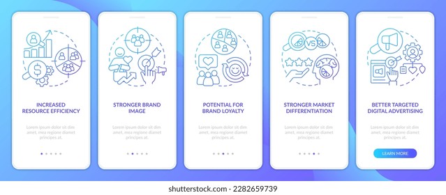 Vorteile der Marktsegmentierung blauer Farbverlauf-Onboarding Mobile App Screen. 5-stufige grafische Anleitungen mit linearen Konzepten. UI, UX, GUI-Vorlage. Myriad Pro-kühne, Standardschriftarten verwendet