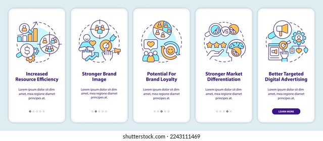 Benefits of market segmentation onboarding mobile app screen. Walkthrough 5 steps editable graphic instructions with linear concepts. UI, UX, GUI template. Myriad Pro-Bold, Regular fonts used