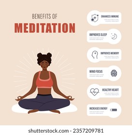 Benefits of meditation infographic. African female character practicing mental and body wellness. Law of attraction concept. Materialization of thoughts. Vector illustration in flat cartoon style.