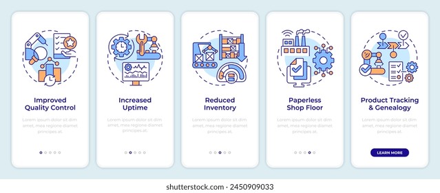 Ventajas de la pantalla del App móvil de incorporación MES. Control de calidad. Tutorial 5 pasos: instrucciones gráficas editables con conceptos lineales. UI, UX, Plantilla GUI. Montserrat SemiBold, Fuentes regulares utilizadas