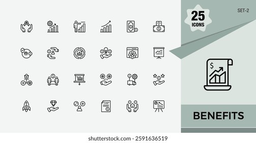 Benefits modern icon. Contains such icons as business, wellness, benefit, development, bonus, reward and more. Icons for design. Editable stroke. Vector illustration.