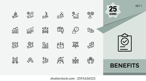 Benefits modern icon. Contains such icons as business, wellness, benefit, development, bonus, reward and more. Icons for design. Editable stroke. Vector illustration.