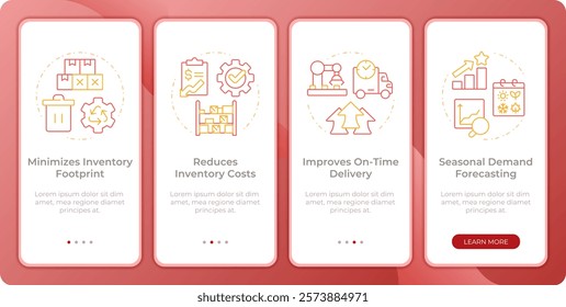 Benefits of MRP II app onboarding screens. Manufacture. Duo tone vector illustration. UI design flow. 4 steps walkthrough mobile interface slide layout