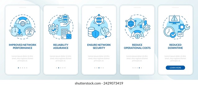 Benefits of network management blue onboarding mobile app screen. Walkthrough 5 steps editable graphic instructions with linear concepts. UI, UX, GUI template. Myriad Pro-Bold, Regular fonts used