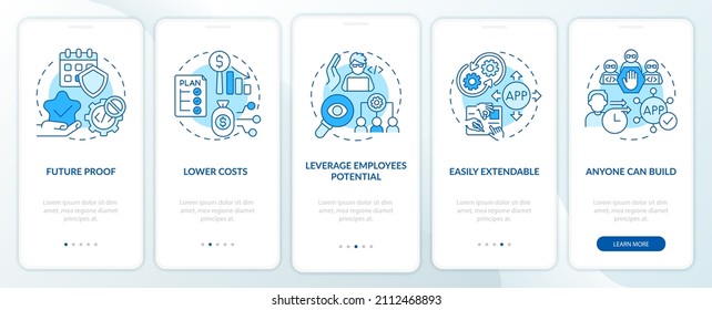 Benefits of no code blue onboarding mobile app screen. Web 3 0 walkthrough 5 steps graphic instructions pages with linear concepts. UI, UX, GUI template. Myriad Pro-Bold, Regular fonts used