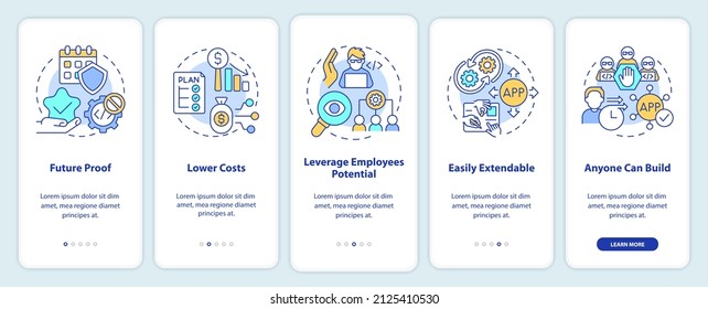 Benefits of no code onboarding mobile app screen. Web 3 0 walkthrough 5 steps graphic instructions pages with linear concepts. UI, UX, GUI template. Myriad Pro-Bold, Regular fonts used