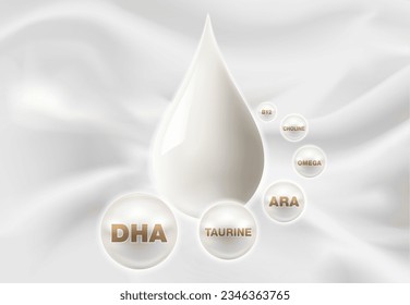 Beneficios y desnutrición de la leche con nutrientes esenciales DHA, taurina, ARA, Omega, colina y vitamina B12. sobre un fondo blanco lechoso. Diseño de productos de suplementos alimenticios, leche instantánea.