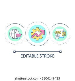 Ventajas del icono de concepto de bucle de compra en línea. Comercio electrónico y venta al por menor. Comprar y vender productos de idea abstracta ilustración de línea delgada. Dibujo de contorno aislado. Trazo editable. Tipo de letra arial utilizado