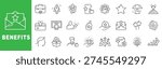 Benefits outline icon set featuring reward, bonus, protection, growth, career promotion, insurance, investment and success symbols editable stroke line design
