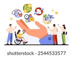 Benefits package, incentive motivation for corporate company employees. Diverse group of tiny people, woman in wheelchair study offer of bonuses from employer big hand cartoon vector illustration