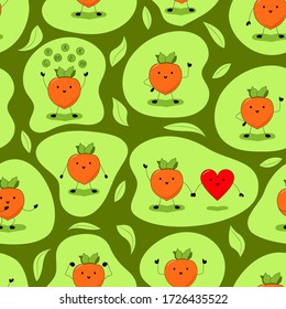 The Benefits of Persimmons. Persimmon Seamless Pattern in Different Poses on a Green Background with Leaves. Cute and Happy Persimmon Characters Smile, Dance and Jump. Kawaii Style. Flat Design.