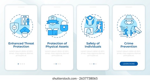 Benefits of physical security blue onboarding mobile app screen. Data. Walkthrough 4 steps editable graphic instructions with linear concepts. UI, UX, GUI