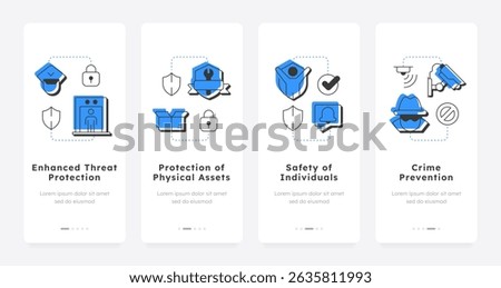 Benefits of physical security mobile app onboarding screens. Data protection online methods. Hardware pros. Flat UI UX design, blue highlight with outline icons conceptual