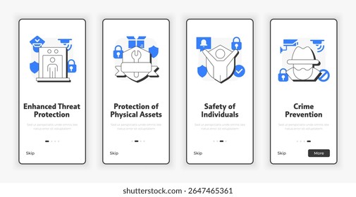 Benefits of physical security mobile onboarding screen. Redusing risk of loss UX UI illustration. Flat outline style icons with blue accent