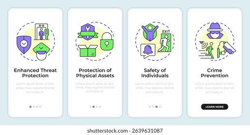 Benefits of physical security onboarding mobile app screen. Data. Walkthrough 4 steps editable graphic instructions with linear concepts. UI, UX, GUI