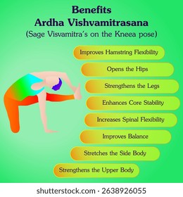 Benefits of practicing Ardha Vishvamitrasana yoga pose. Sage Visvamitra on the Knee yoga pose. Isolated vector illustration