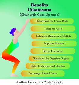Benefits of practicing Utkatasana yoga pose. Chair with Gaze Up pose. Beginner Difficulty. Isolated vector illustration.