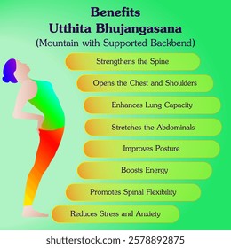 Benefits of practicing  Utthita Bhujangasana yoga pose. Mountain with Supported Backbend pose. Beginner Difficulty. Isolated vector illustration.