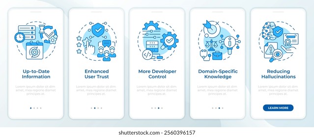 Benefits of RAG blue onboarding mobile app screen. AI semantic walkthrough 5 steps editable graphic instructions with linear concepts. UI, UX, GUI template