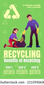 Beneficios de reciclar póster de infografía con la gente limpia. Hombre y mujer recogen basura y la ponen en saco. Los pasos reducen los residuos plásticos y cero, ahorran volante natural, ilustración vectorial de dibujos animados