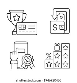 Beneficios y devoluciones iconos lineales establecidos para el modo oscuro y claro. Los consumidores compran y ahorran dinero. Símbolos de línea delgada personalizables. Ilustraciones aisladas del contorno vectorial. Trazo editable