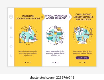 Benefits of religion onboarding vector template. Faith, spirituality. Challenging misconception and prejudice. Responsive mobile website with icons. Webpage walkthrough step screens. RGB color concept