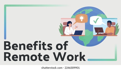 Benefits of remote work flat vector banner template. Digital employment pros poster, leaflet printable color designs. Editable flyer page with text space. Palanquin Dark Medium font used