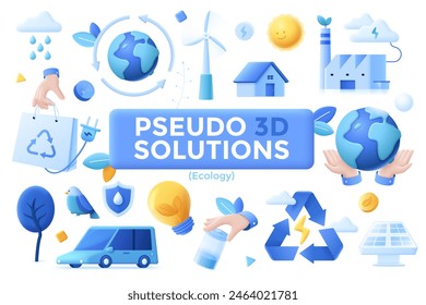 Benefits of renewable energy sources usage. Ecology elements vector illustration set. Environment care technology 3D cartoon composition collection. Responsible consumption of natural resources