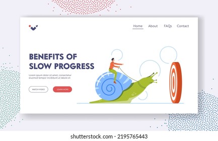 Benefits of Slow Progress Landing Page Template. Slow Growth at Work, Businessman Riding Snail, Character Effort, Businessman Difficult Implementation Innovation. Cartoon People Vector Illustration